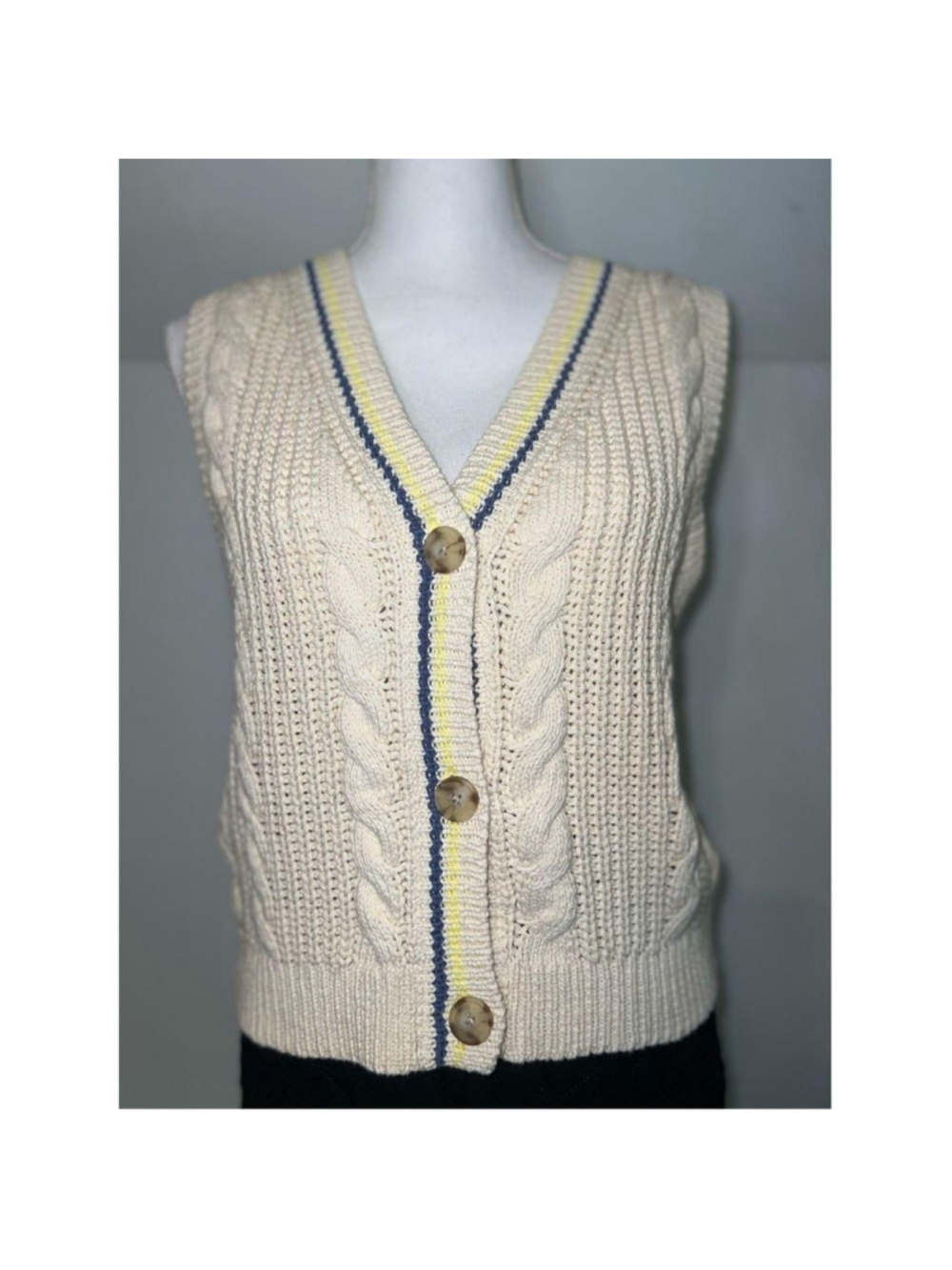 NEW American Eagle Cable Knit Button Vest, Size M, Beige and Blue